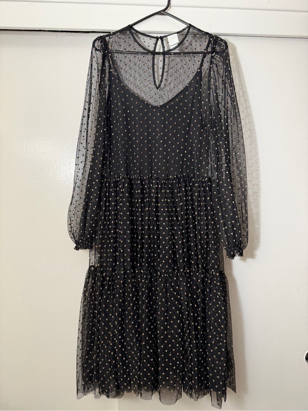 H&M Black Mesh Midi Dress with Gold Polka Dots